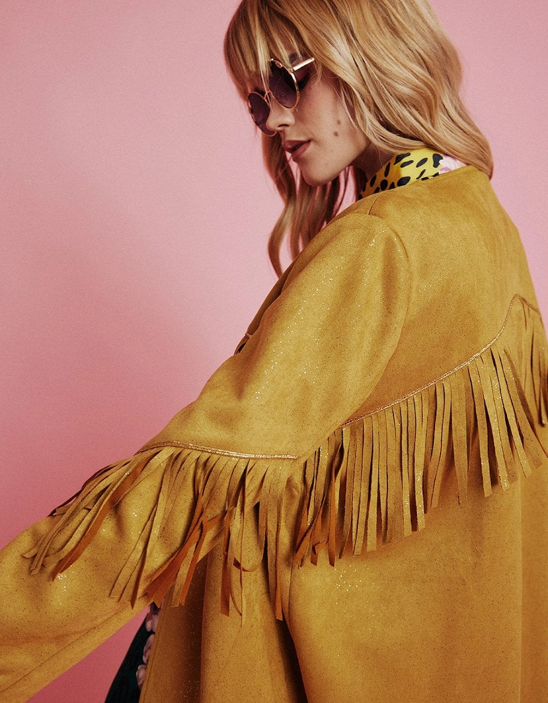 Yellow Starlight Tassel Glitter Faux Suede Jacket