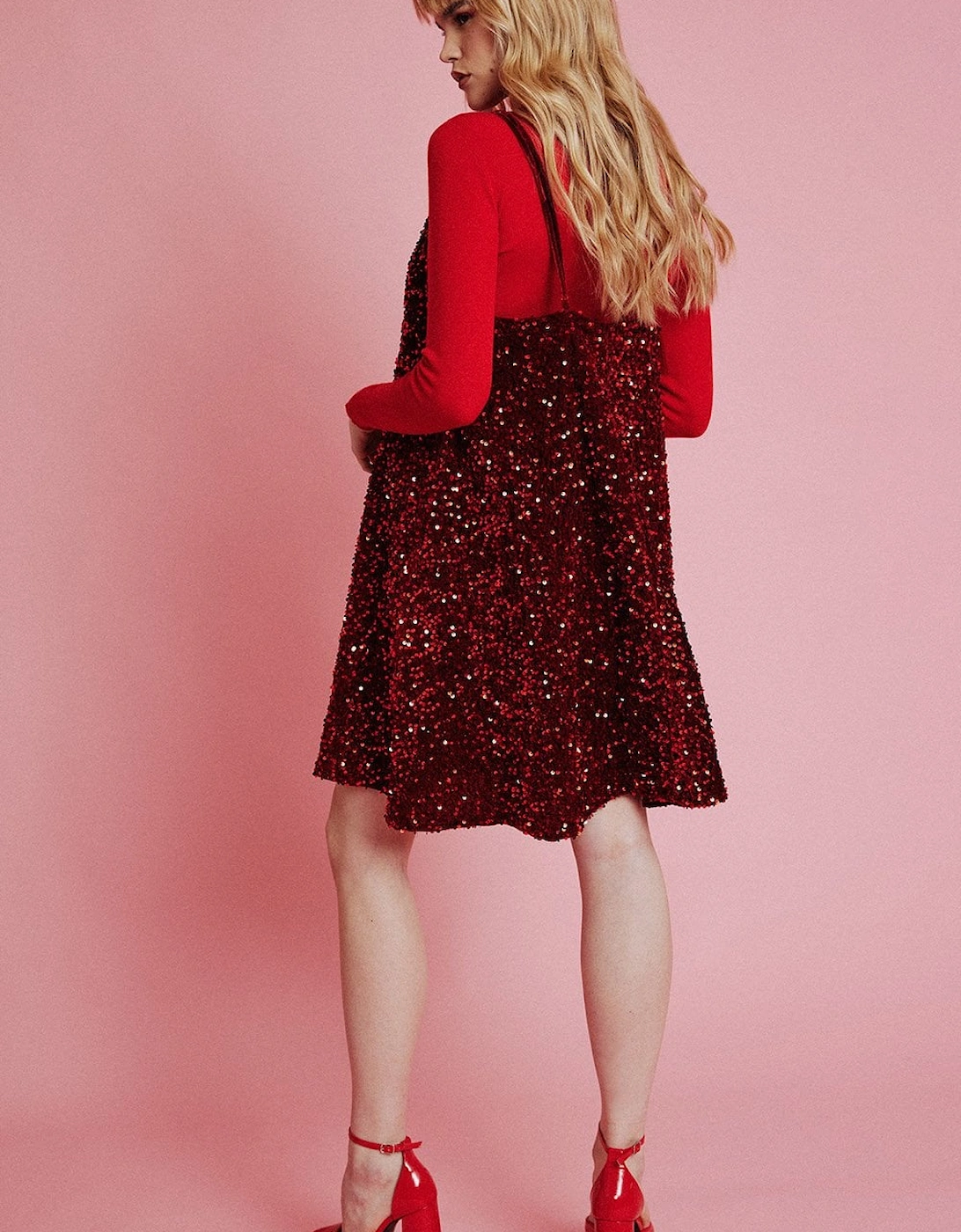 Red Sequin Cami Swing Dress