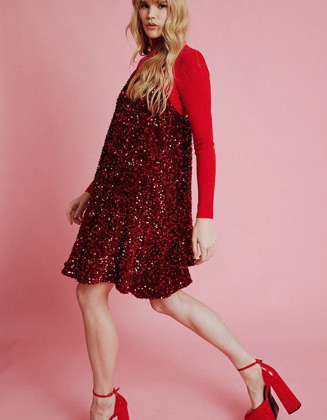 Red Sequin Cami Swing Dress