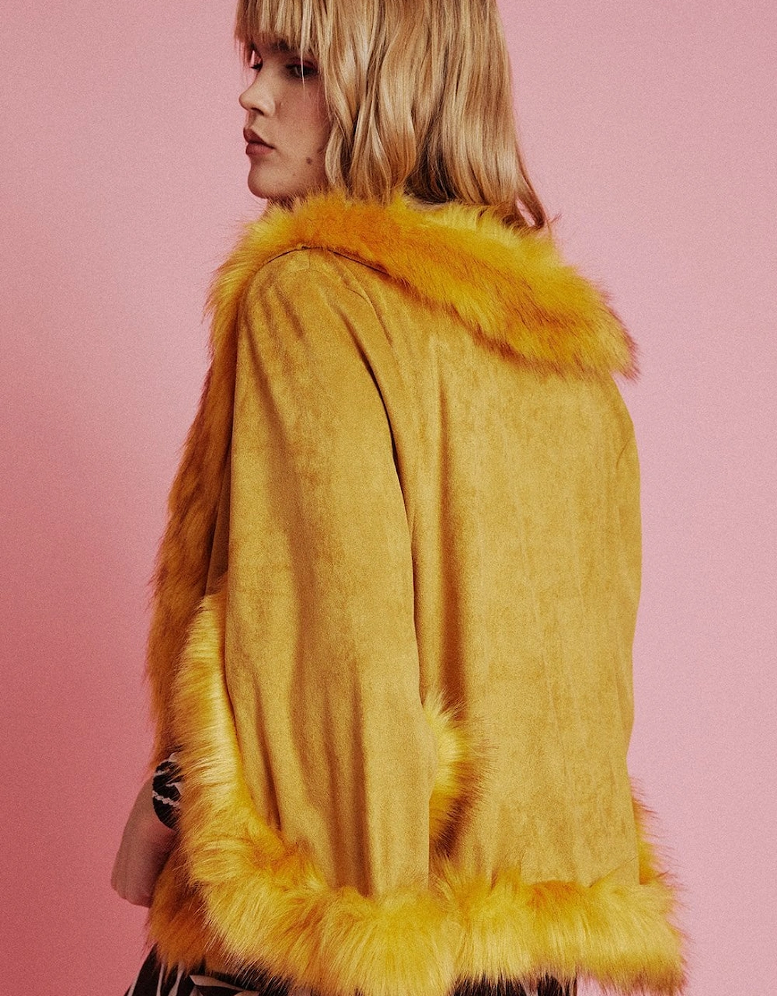 Yellow Faux Fur Faux Suede Cape Jacket