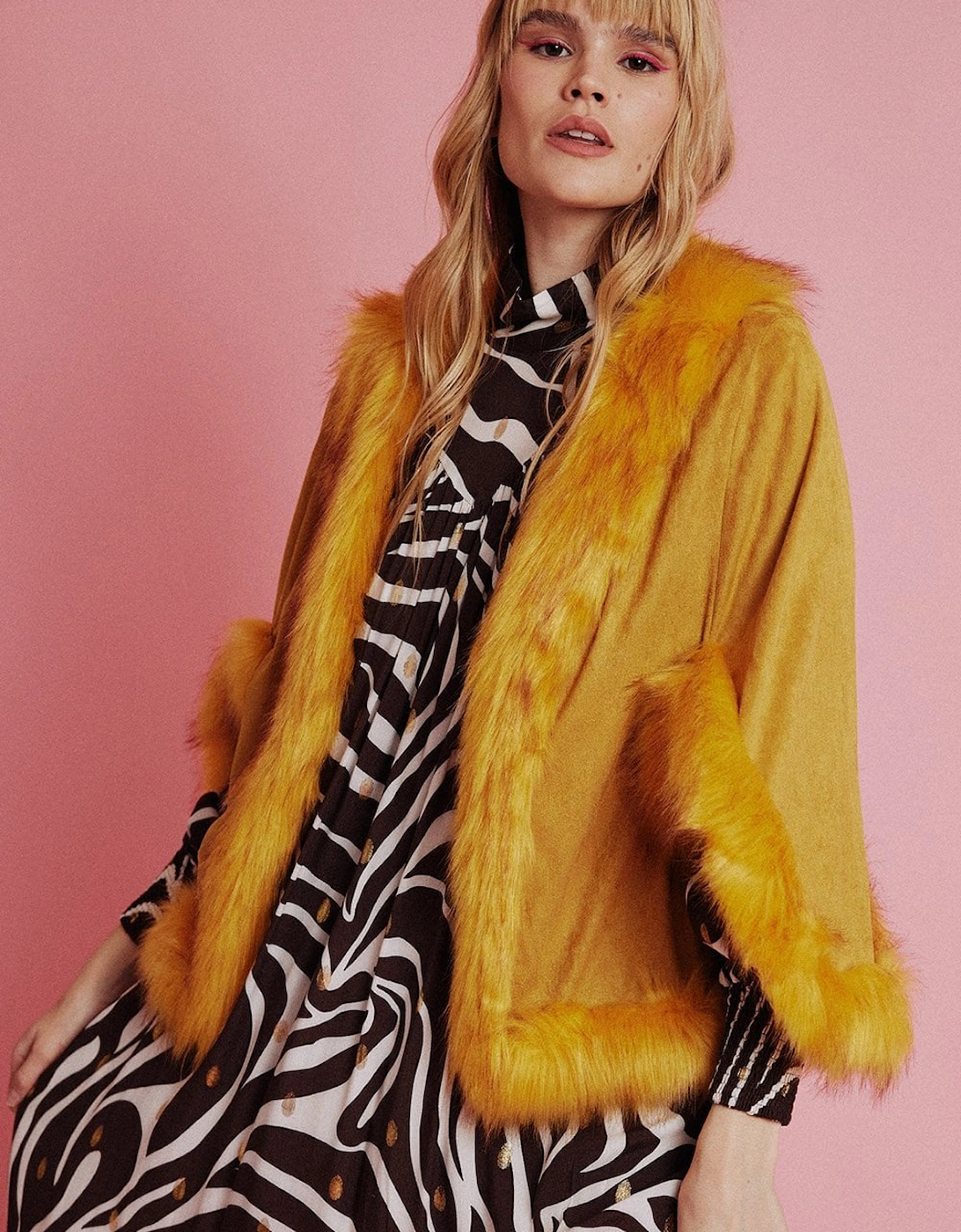 Yellow Faux Fur Faux Suede Cape Jacket