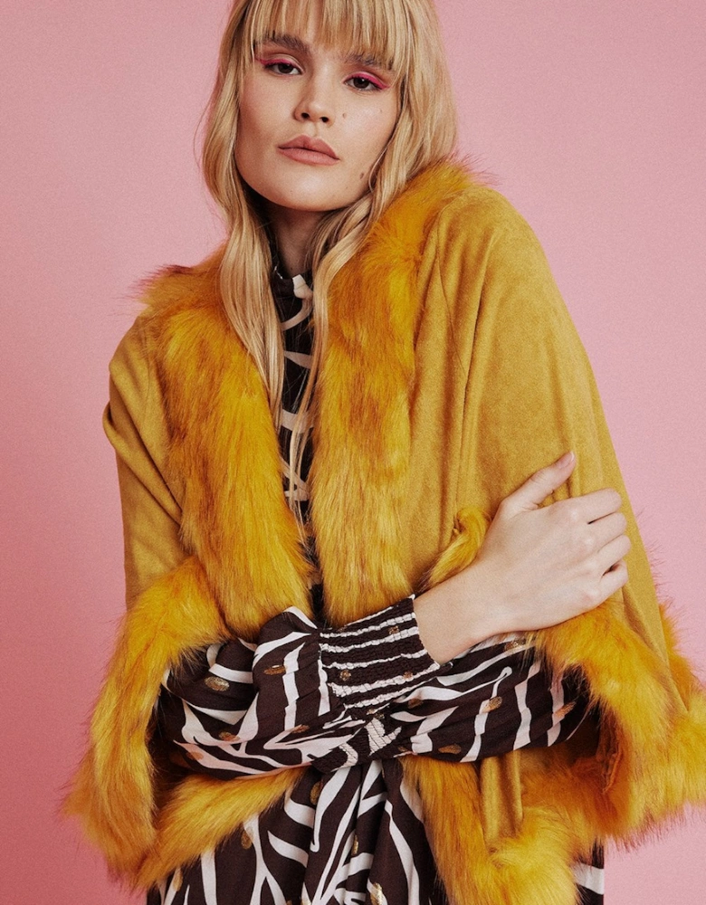 Yellow Faux Fur Faux Suede Cape Jacket