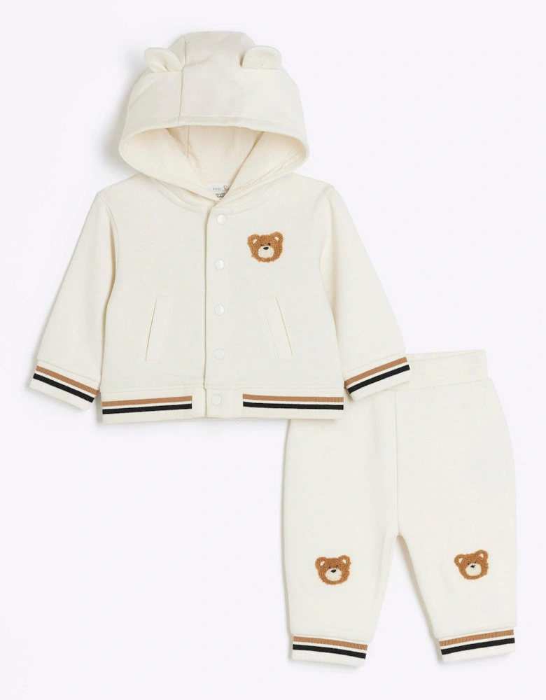Baby Unisex Embroidered Bear Hoodie Set - Cream