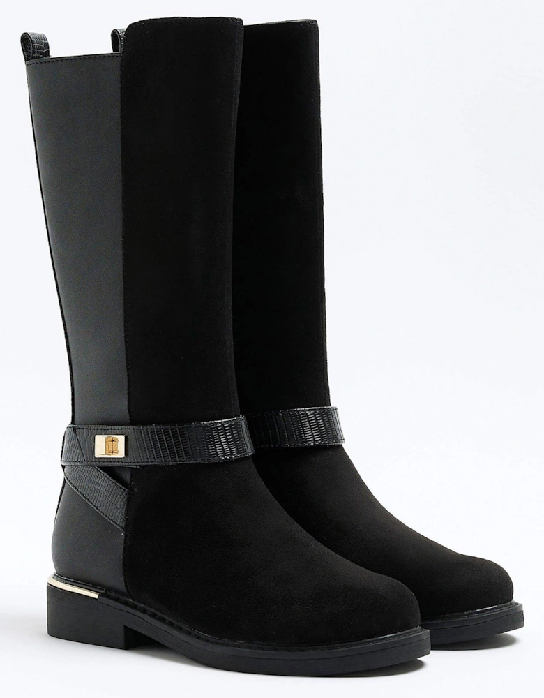 Girls Fabric Block Knee High Boots - Black