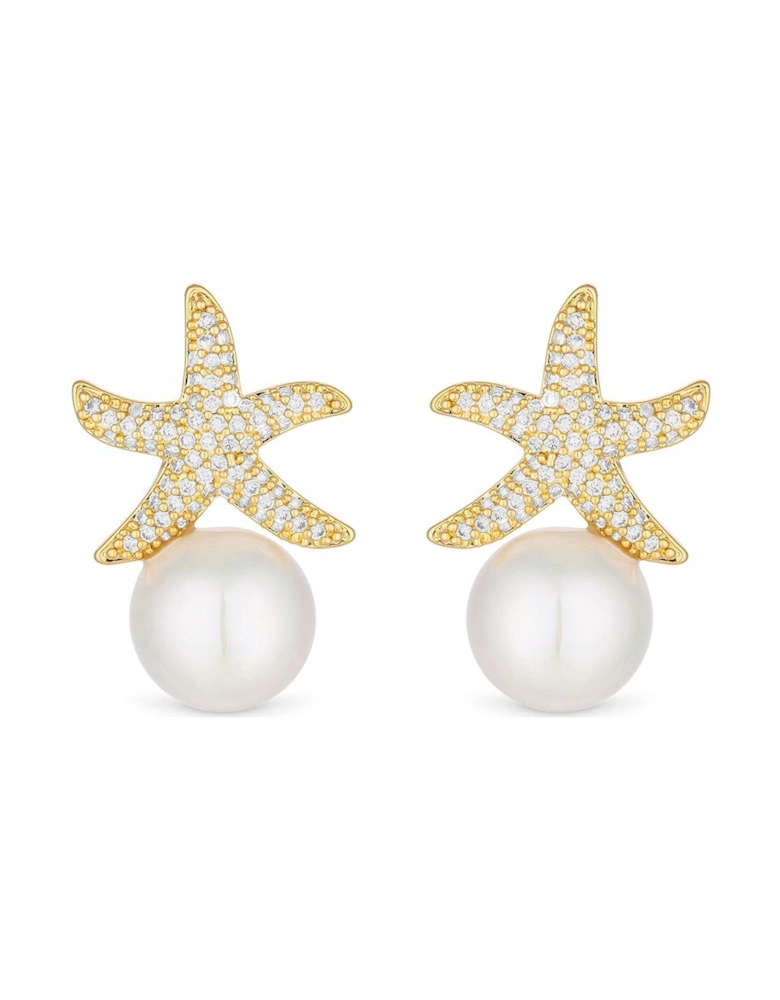 GOLD PLATED CUBIC ZIRCONIA STARFISH PEARL DROP STUD EARRING