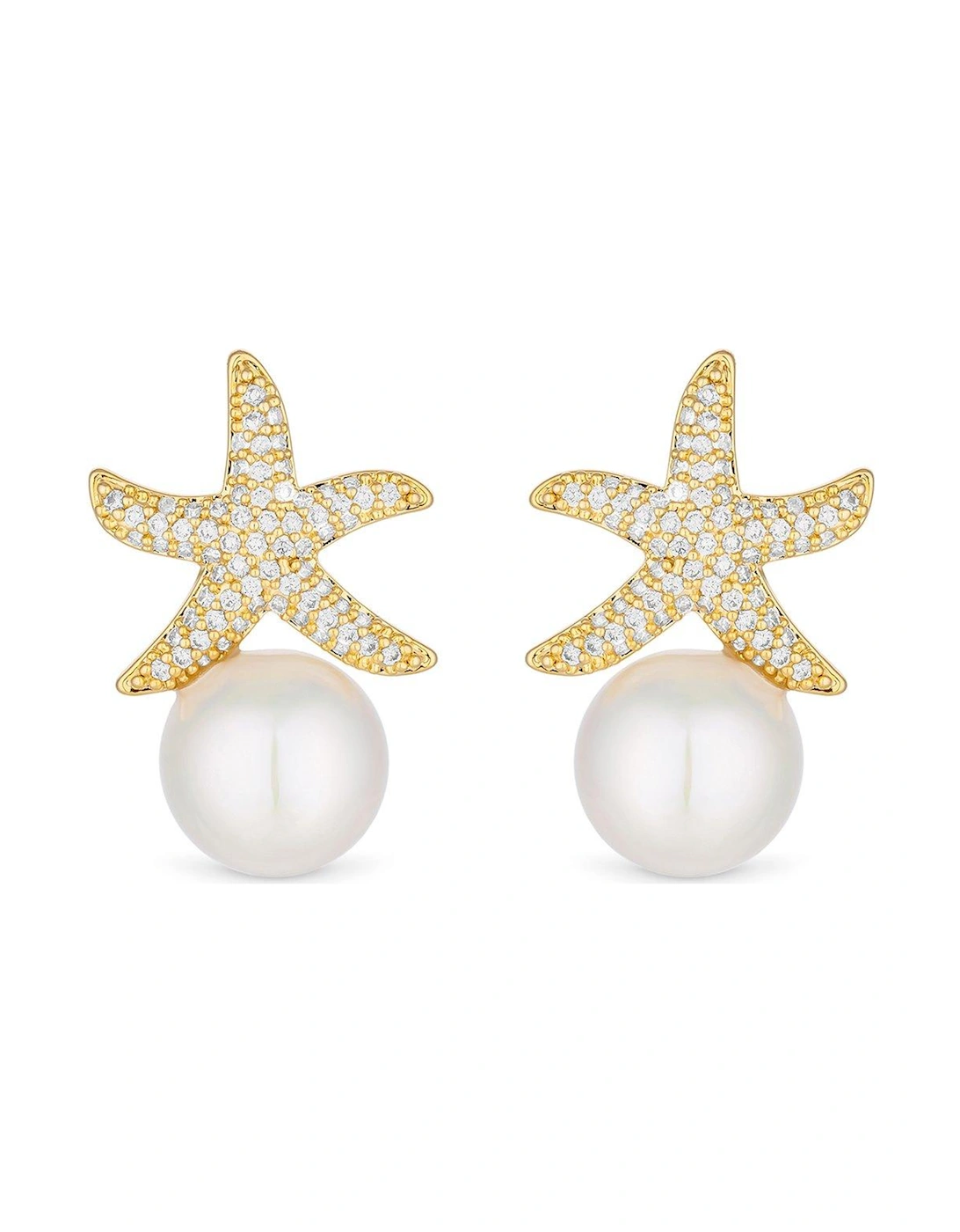 GOLD PLATED CUBIC ZIRCONIA STARFISH PEARL DROP STUD EARRING, 2 of 1