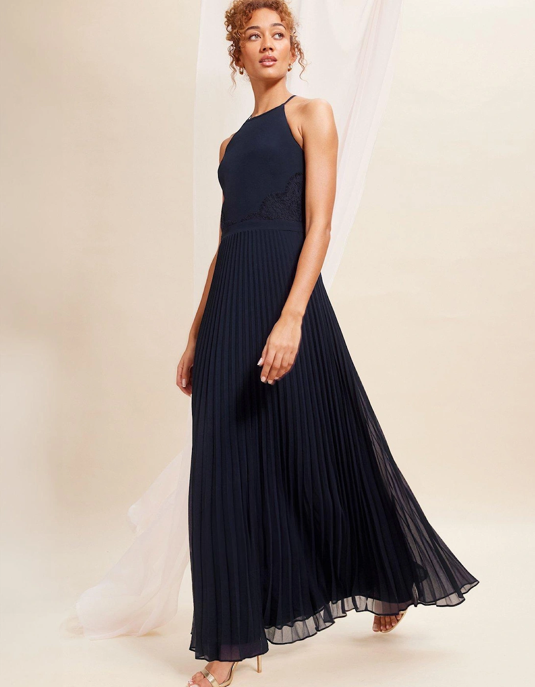 Navy Back Detail Halter Lace Pleated Maxi Dress - Navy, 3 of 2