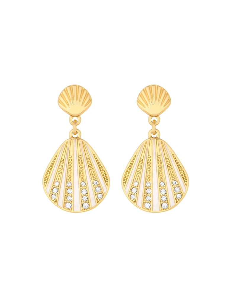 GOLD WHITE ENAMEL AND CRYSTAL SHELL DROP EARRING