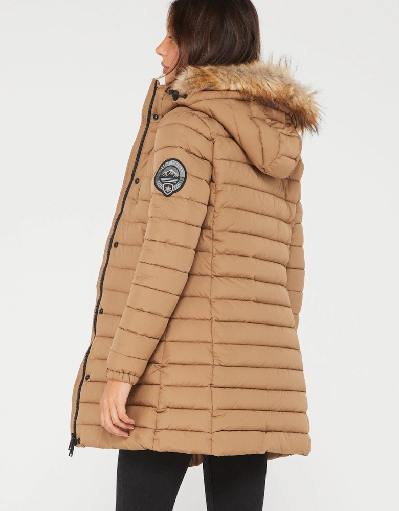 Fuji Hooded Mid Length Puffer Coat - Brown
