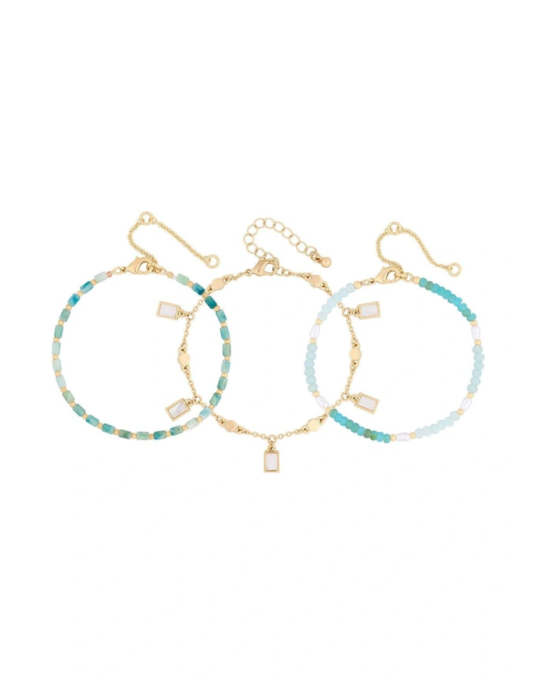 GOLD BLUE COASTAL BEAD AND MOTHER OF PEARL CHARM MULTIPACK BRACELET - PACK OF 3