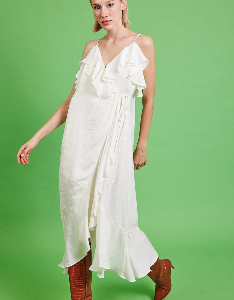 White Silk Blend Maxi Ruffle Dress