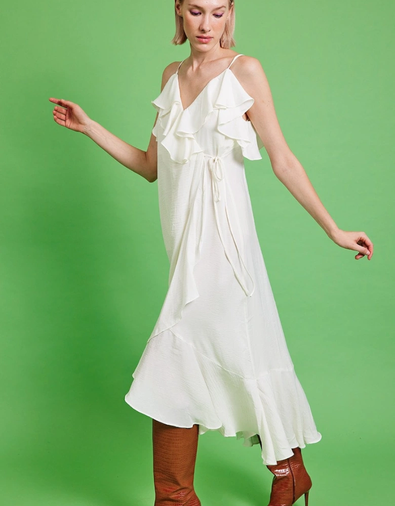 White Silk Blend Maxi Ruffle Dress