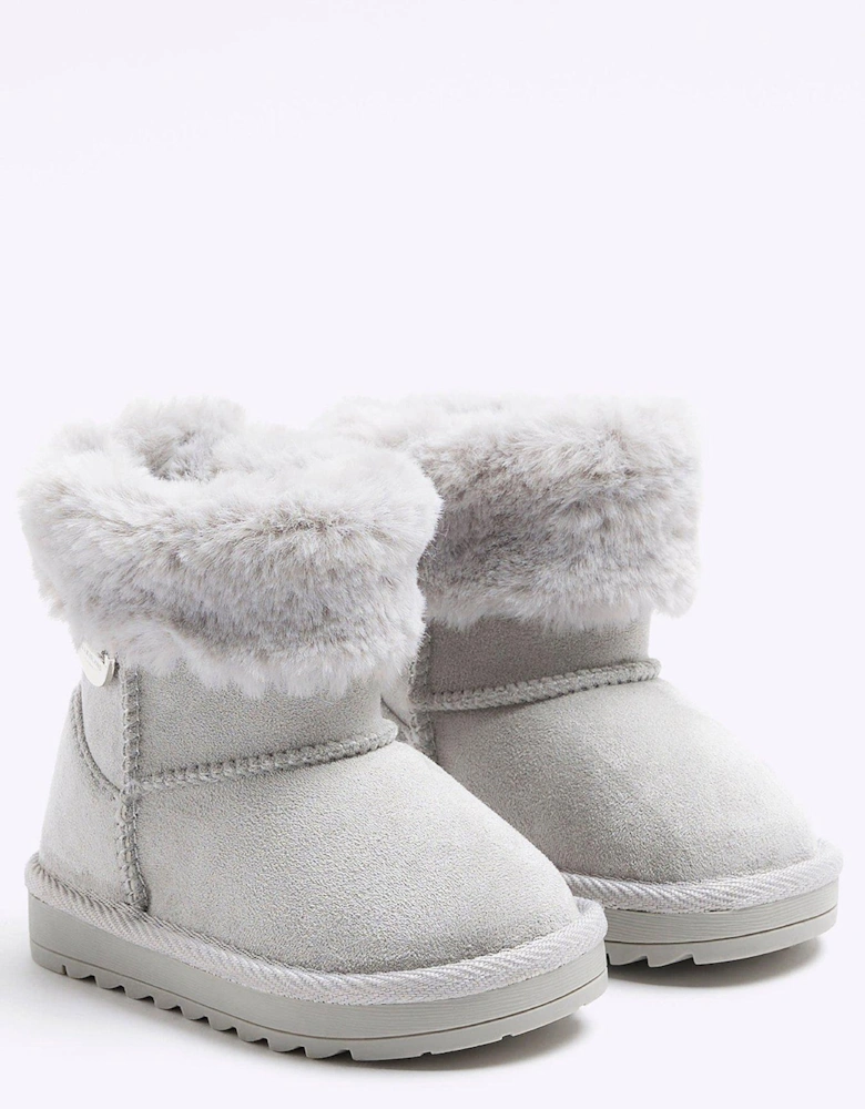 Mini Mini Girls Faux Fur Lined Wedge Boots - Grey