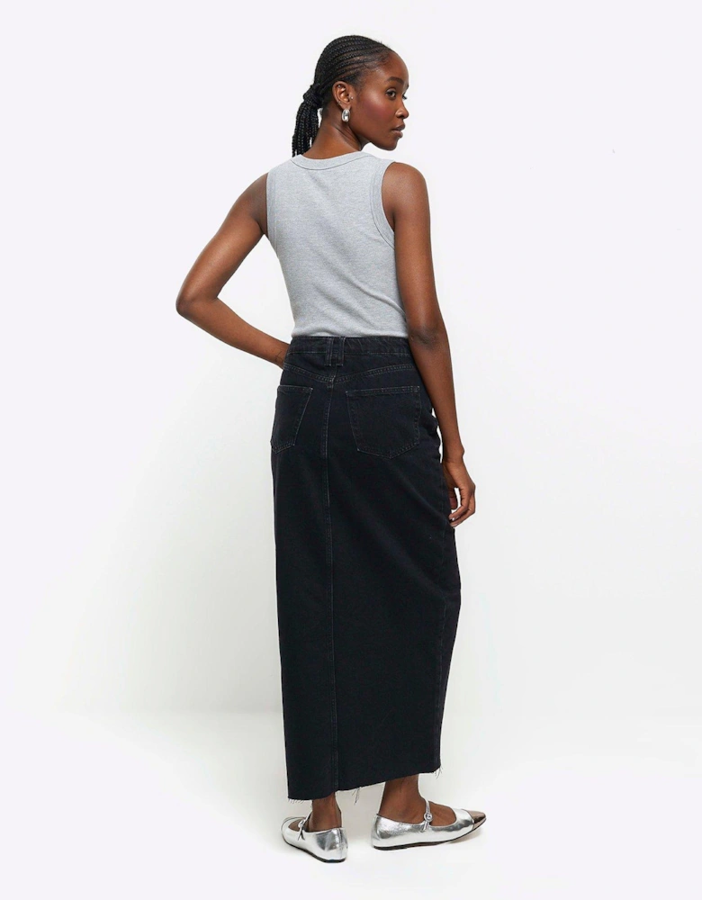 Split Front Denim Maxi Skirt - Black
