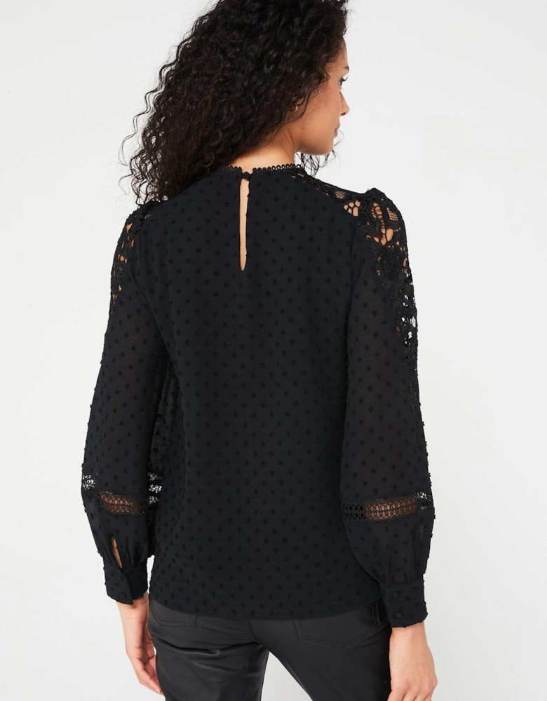 Lace Sleeve Dobby High Neck Blouse - Bla