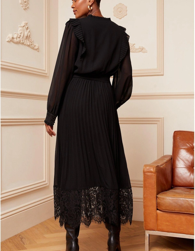 Lace Ruffle Detail Midi Dress - Black