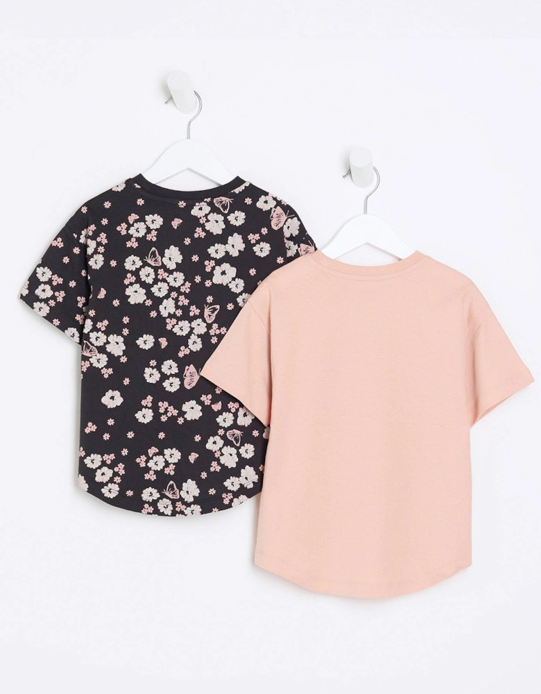 Mini Mini Girls Floral T-Shirt 2 Pack - Pink