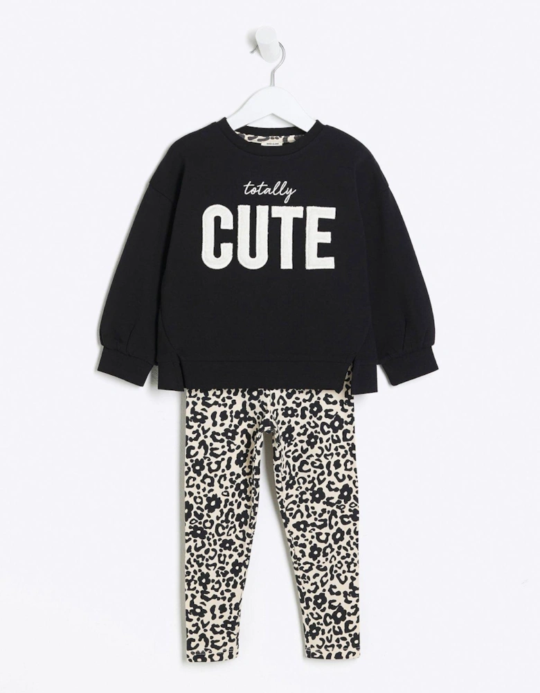 Mini Girl Faux Fur Sweatshirt Set - Black