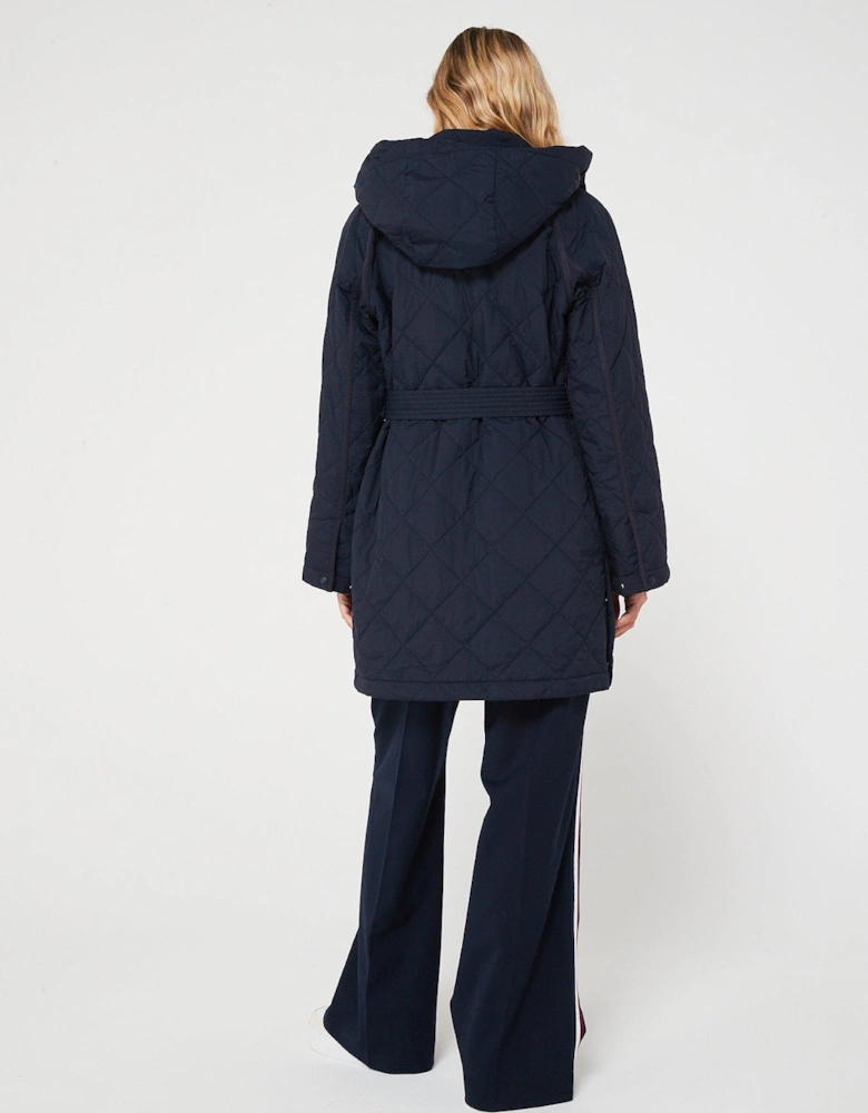 Diamond Quilted Lightweight Padded Belted Jacket - Navy