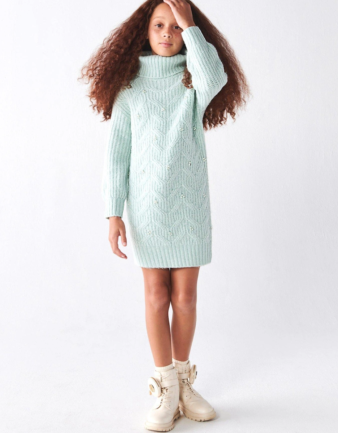 Girls Embellished Cable Knit Dress - Green