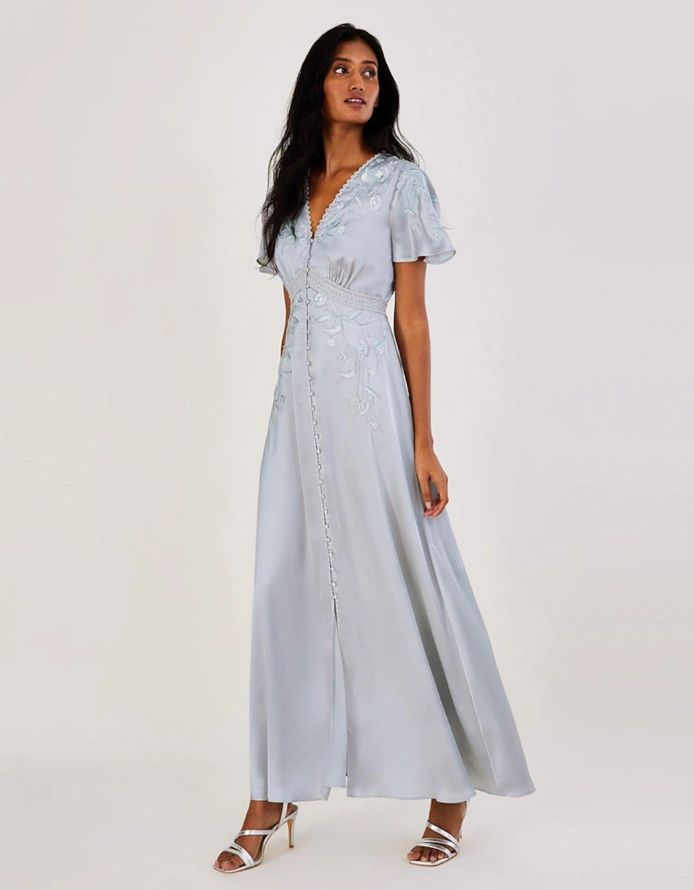 Mia Satin Embroidered Maxi Bridesmaid Dress - Silver