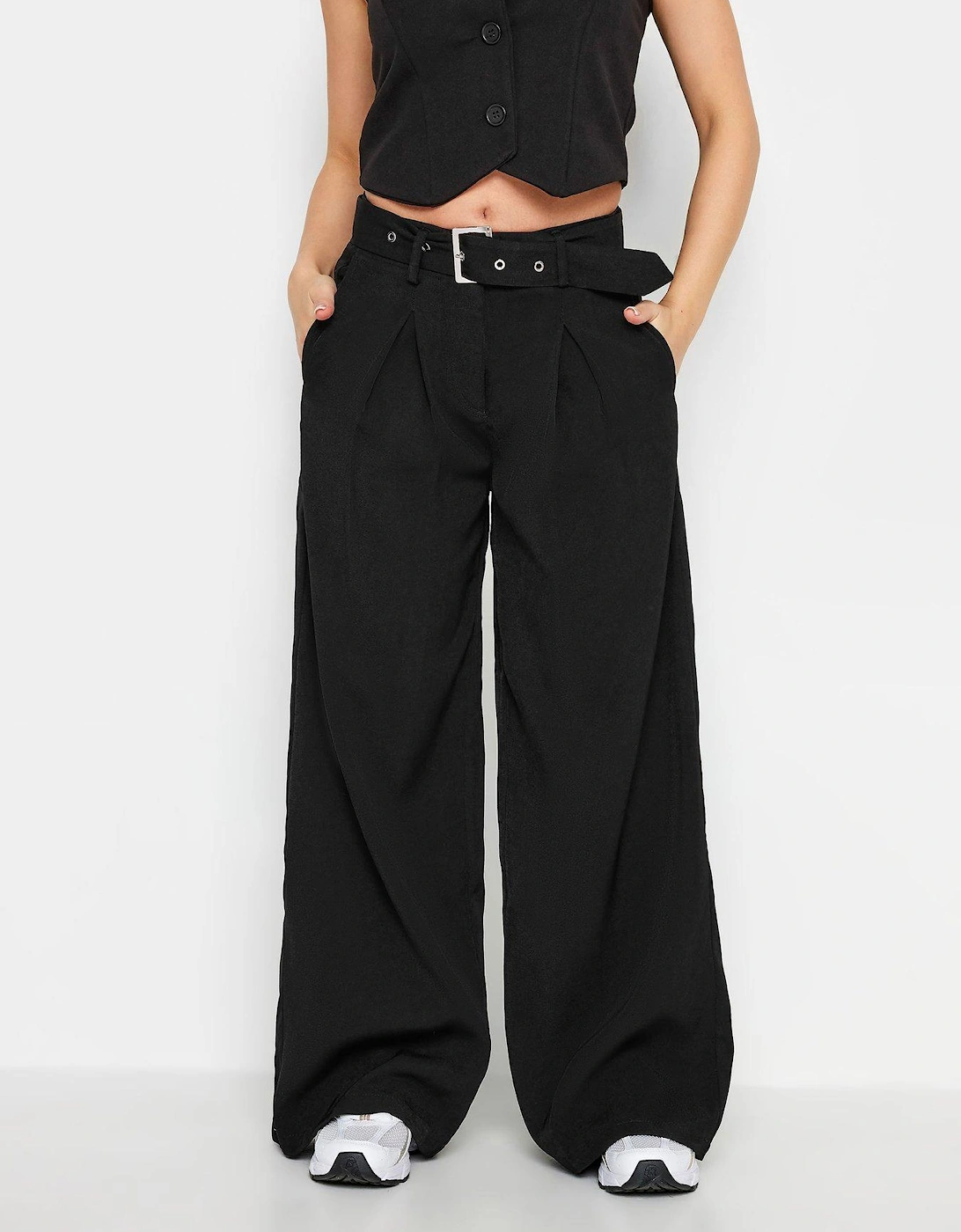 Petite Black Belted Wide Leg Trousers, 2 of 1
