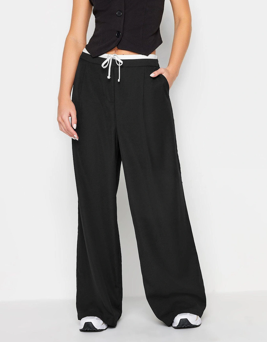 Petite Black Contrast Waist Wide Leg Trousers, 2 of 1