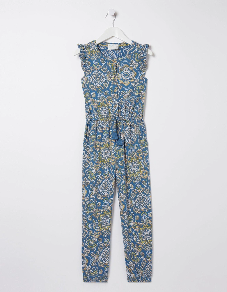 Girls Aztec Printed Jersey Jumpsuit - Washed Blue