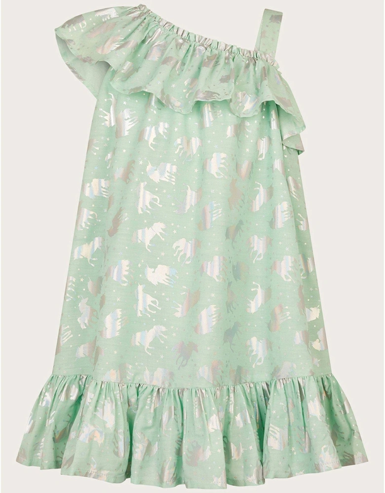 Girls Unicorn Foil Frill Dress - Aqua