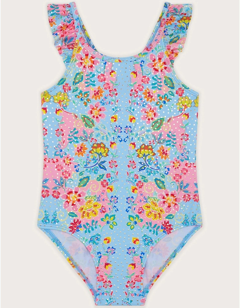 Girls Foil Floral Frill Swimsuit - Blue