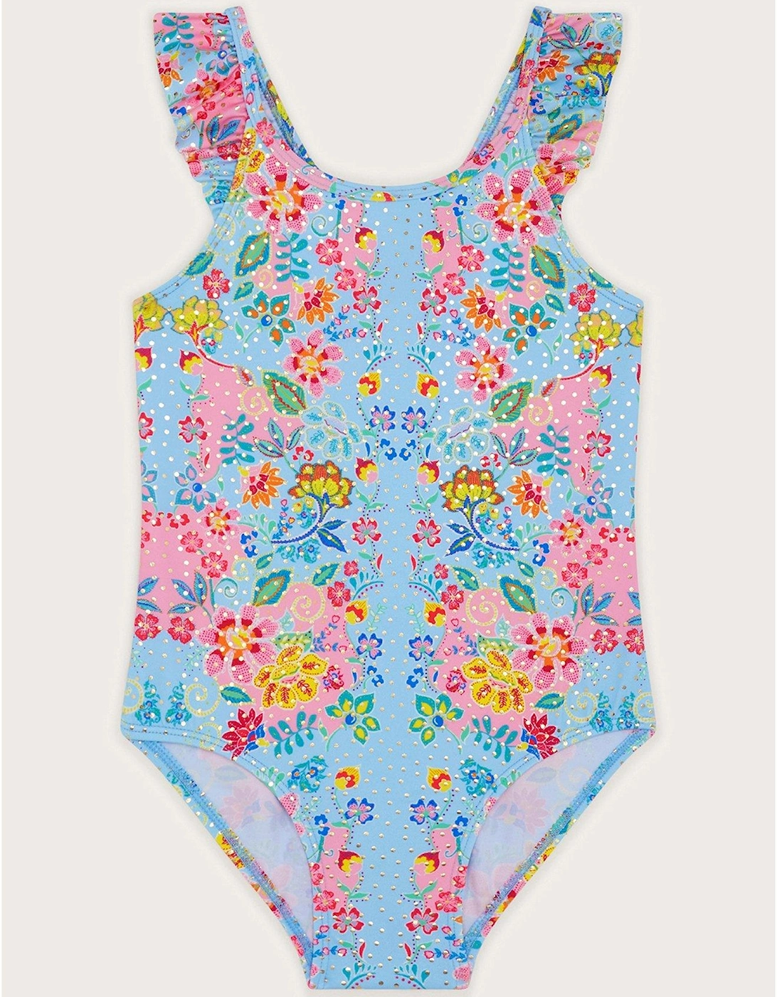 Girls Foil Floral Frill Swimsuit - Blue, 2 of 1