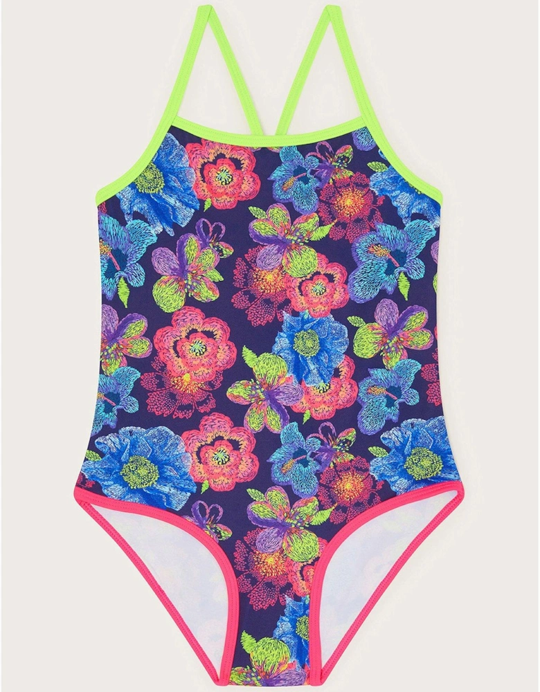 Girls Sketchy Floral Swimsuit - Navy