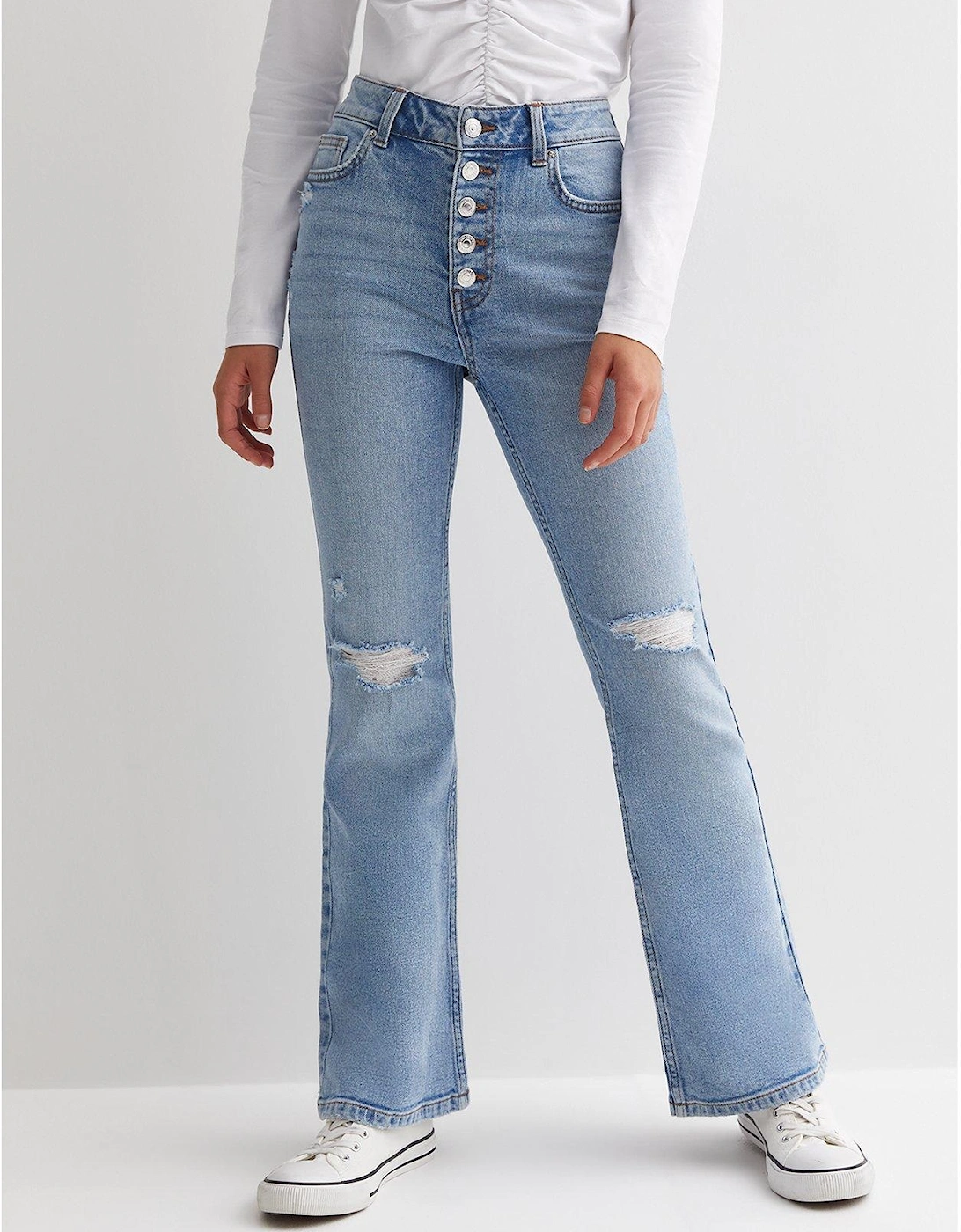 Girls Blue Ripped Knee Flared Jeans, 6 of 5