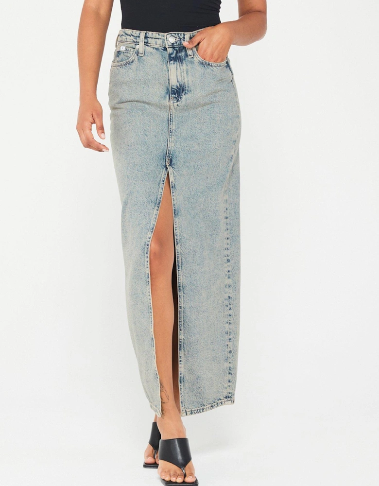 Front Split Maxi Denim Skirt - Blue