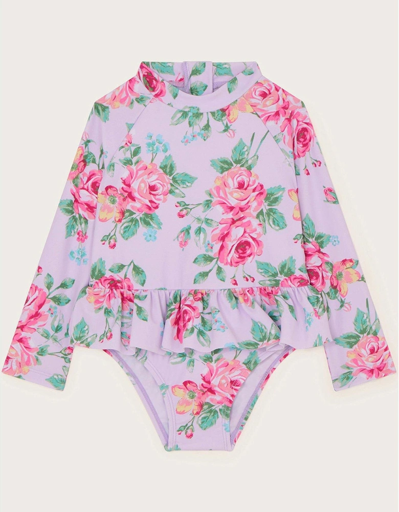 Baby Girls Rose Skirted UPF50 Long Sleeve Swimsuit - Lilac