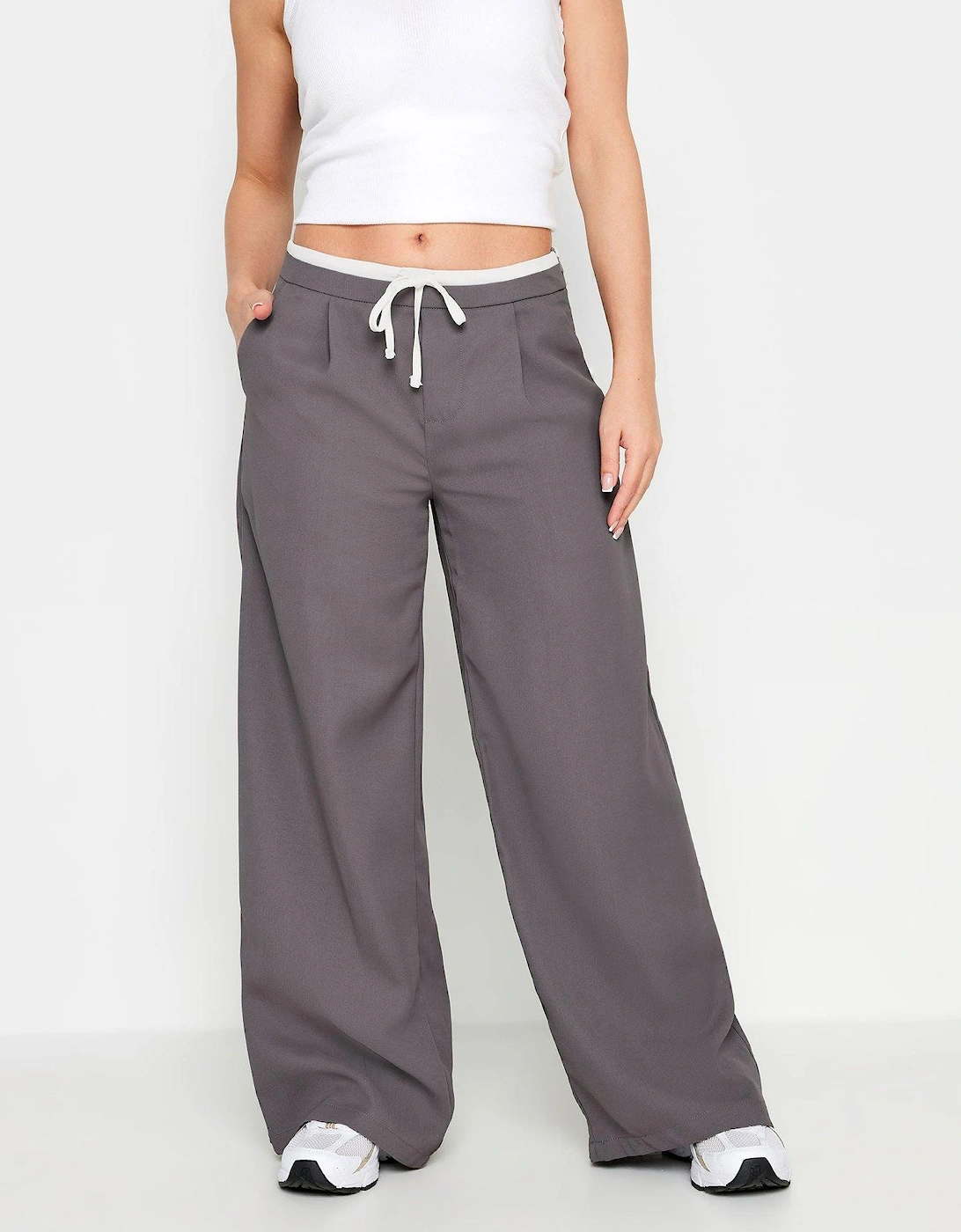 Petite Contrast Waist Wide Leg Trousers - Grey, 2 of 1