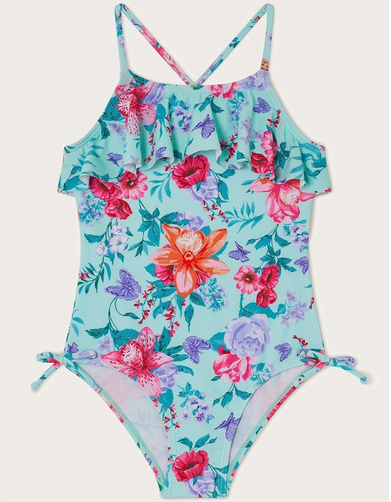 Girls Botanical Frill Swimsuit - Turquoise