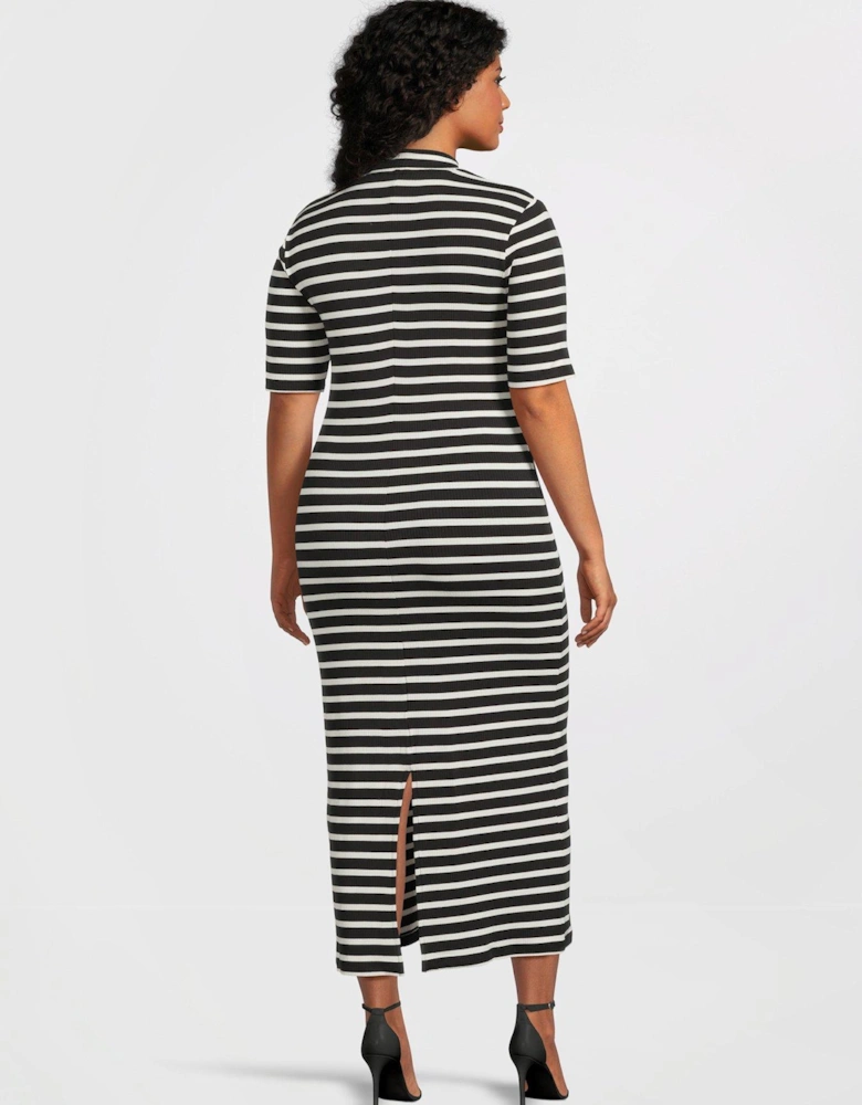 Curve Ribbed Stripe Short-Sleeve Midi Dress - Black