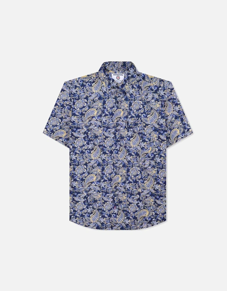 Mens Mod Paisley Short Sleeve Button Down Shirt - Navy