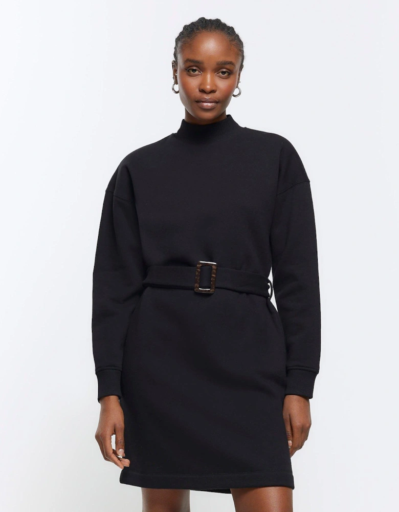 Belted Sweatshirt Dress - Black