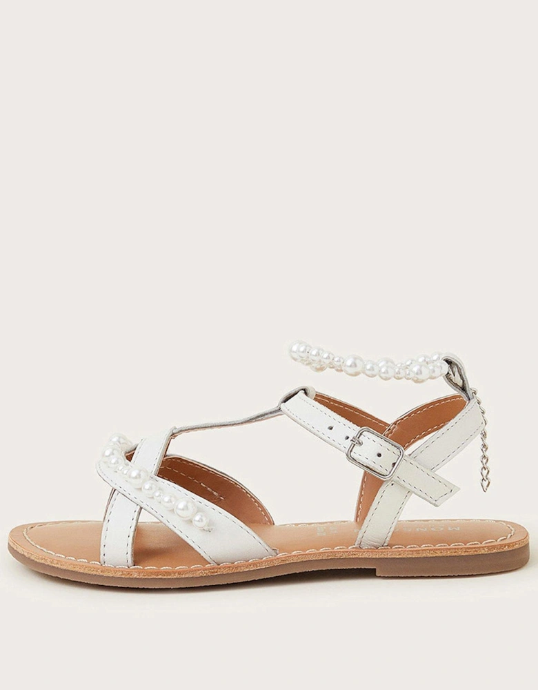 Girls Leather Anklet Beaded Sandals - Ivory