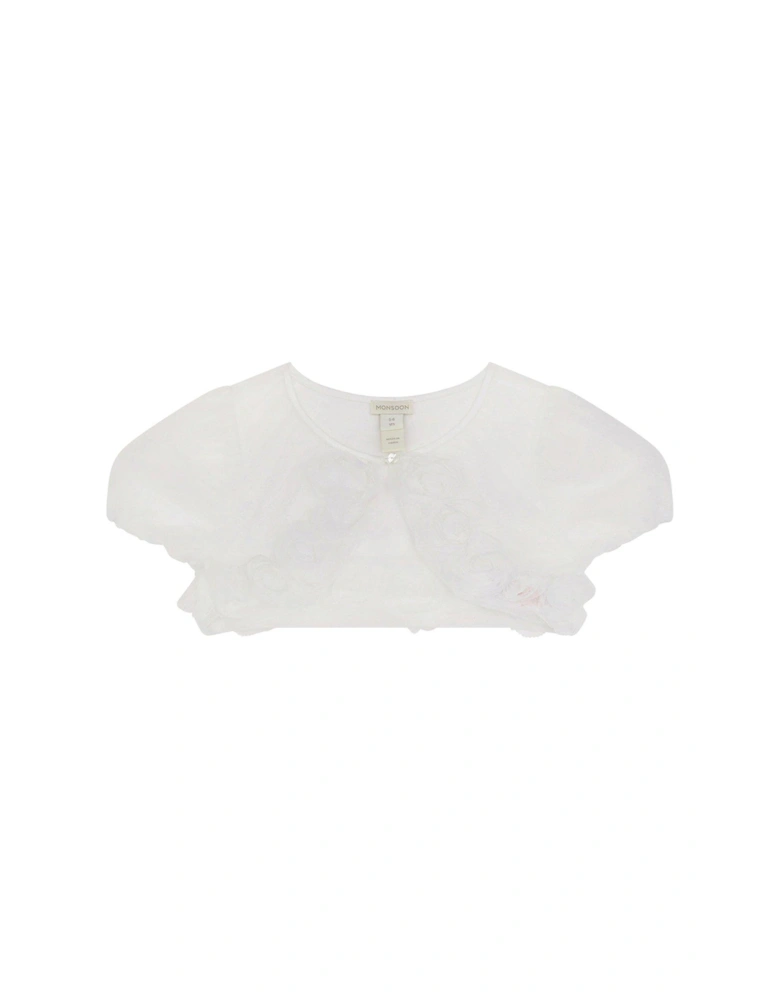 Girls 3D Roses Trim Tulle Cover Up Shrug - Ivory