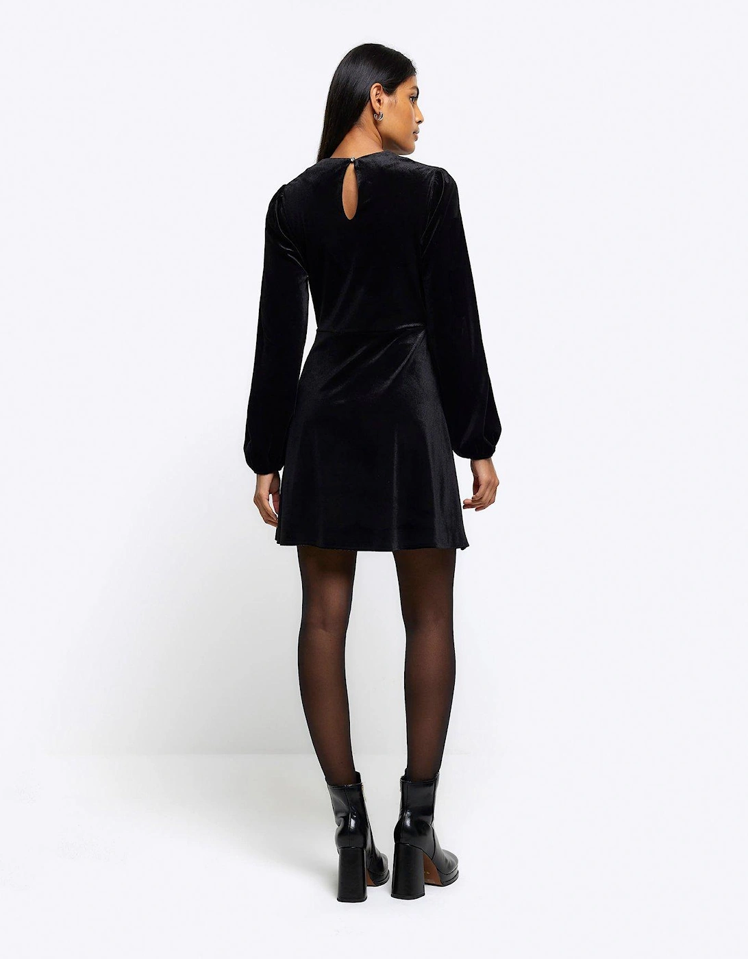 Bow Detail Velvet Mini Dress - Black