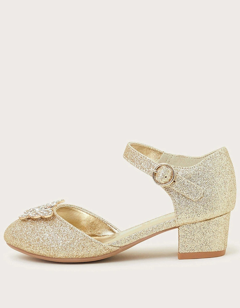 Girls Glitter Butterfly Heeled Shoes - Gold