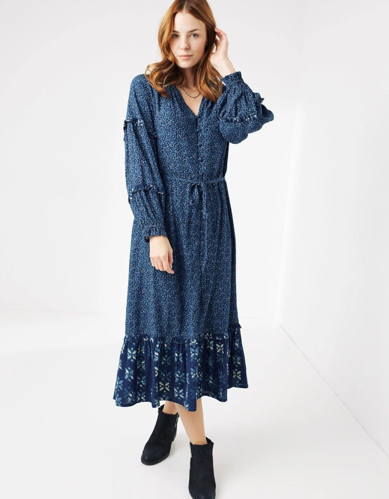 Cora Woodblock Patchwork Dress - Blue