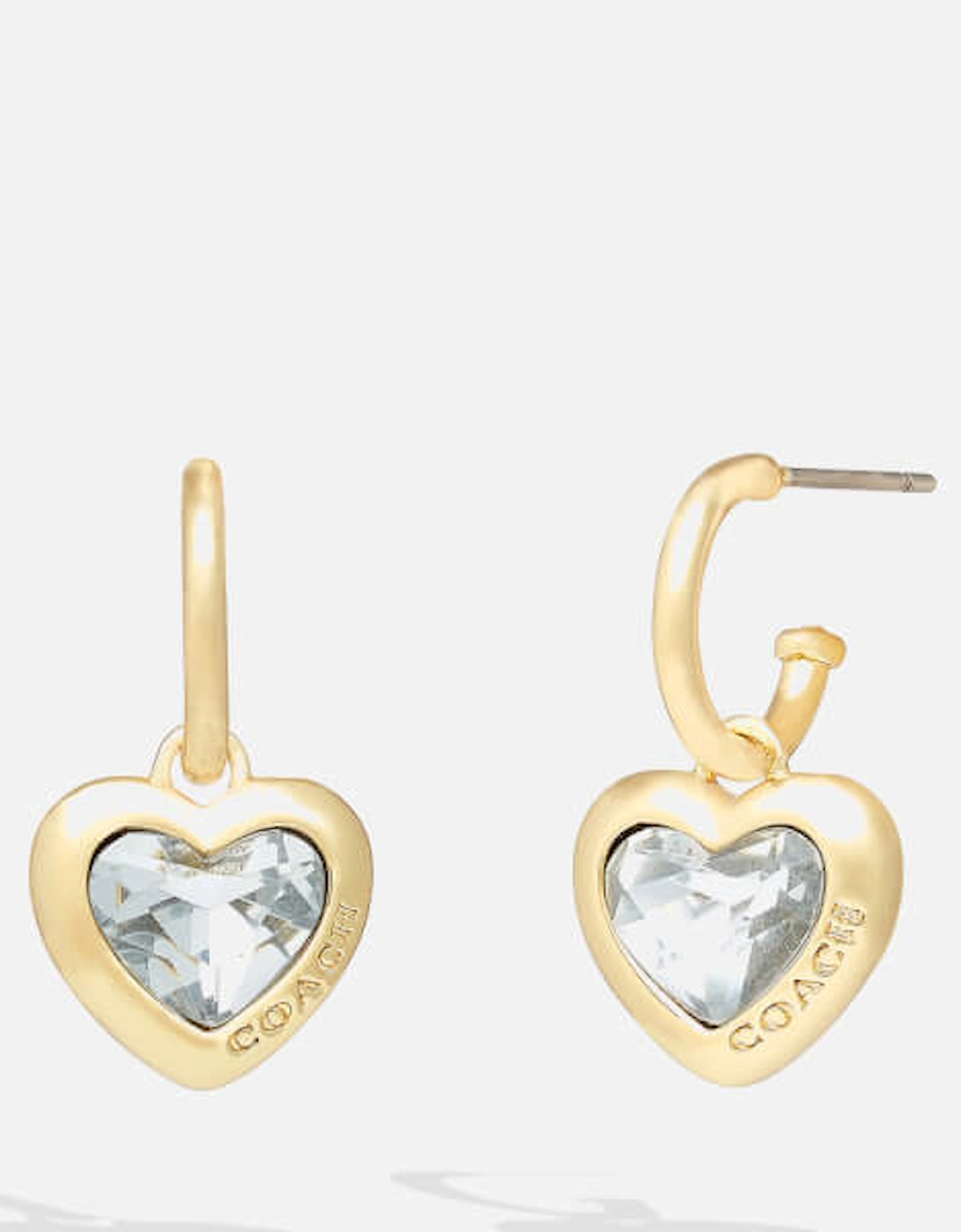 Women's Heart Gold Tone Charm Huggie Earrings - Gold/Clear, 2 of 1