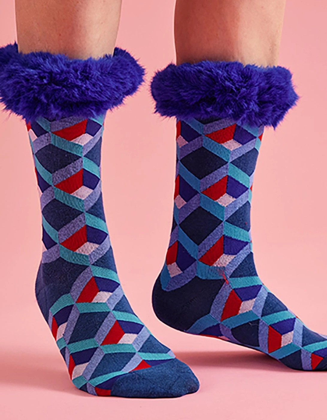 Blue Geometric Print Socks with Faux Fur Cuffs, 2 of 1
