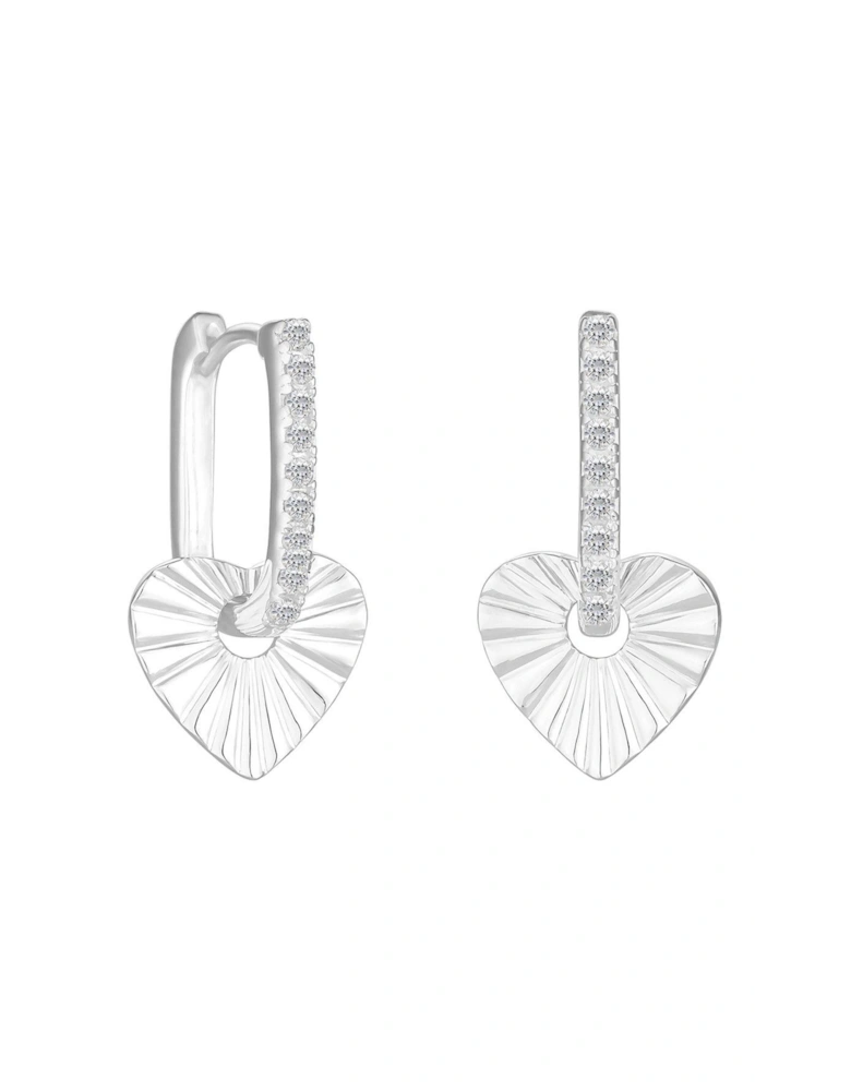 Sterling Silver 925 Polished and Pave Heart Charm Hoop Earring