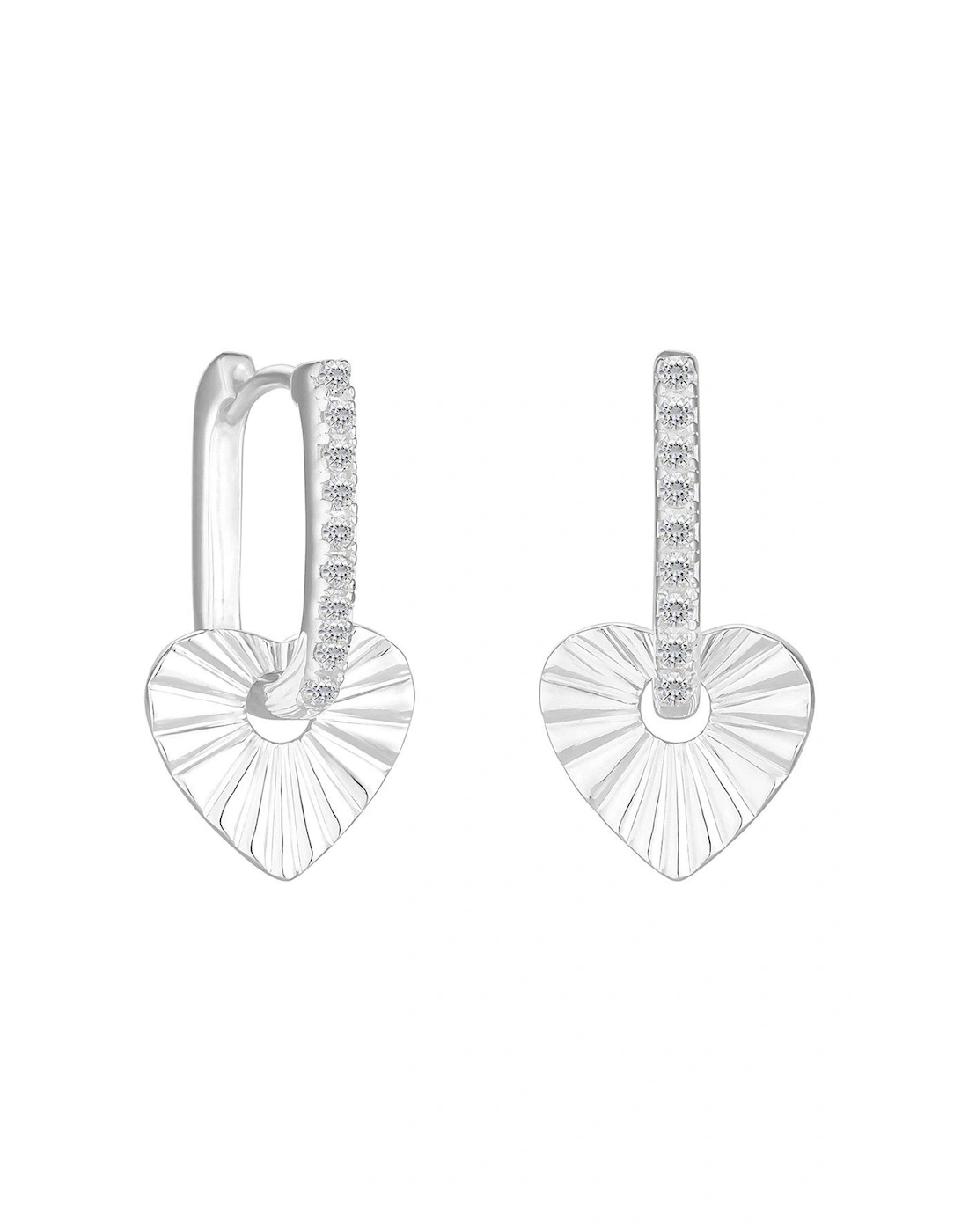 Sterling Silver 925 Polished and Pave Heart Charm Hoop Earring, 2 of 1
