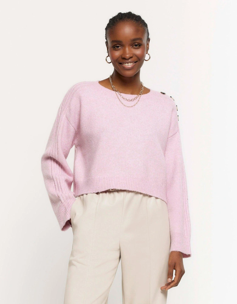 Cropped Button Jumper - Light Pink